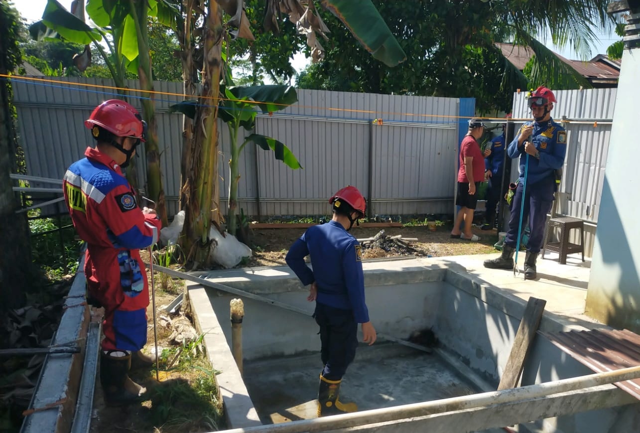 Dinas Damkar Banjar Evakuasi Gobang Terjebak di Kolam Warga Bincau